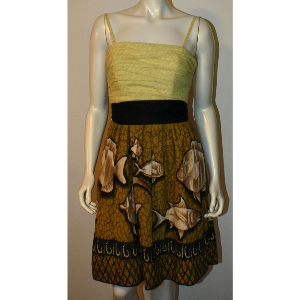 VANESSA VIRGINIA Dress 4 Baxter Bay Green Black Vintage Look Fish Anthropologie